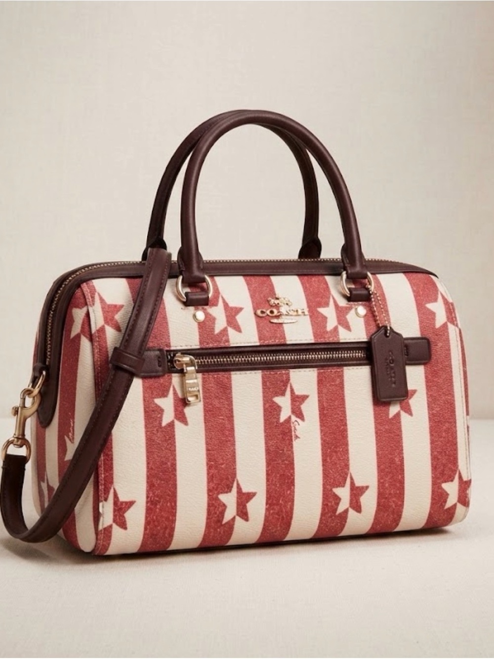 Coach Red and Cream Striped Star Satchel